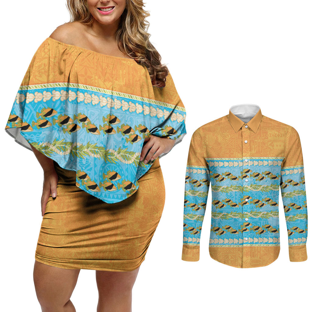 Hawaii Humuhumu Fish Maile Pikake Lei Couples Matching Off Shoulder Short Dress and Long Sleeve Button Shirt Tribal Tapa Orange Version LT05 Orange - Polynesian Pride