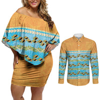 Hawaii Humuhumu Fish Maile Pikake Lei Couples Matching Off Shoulder Short Dress and Long Sleeve Button Shirt Tribal Tapa Orange Version LT05 Orange - Polynesian Pride
