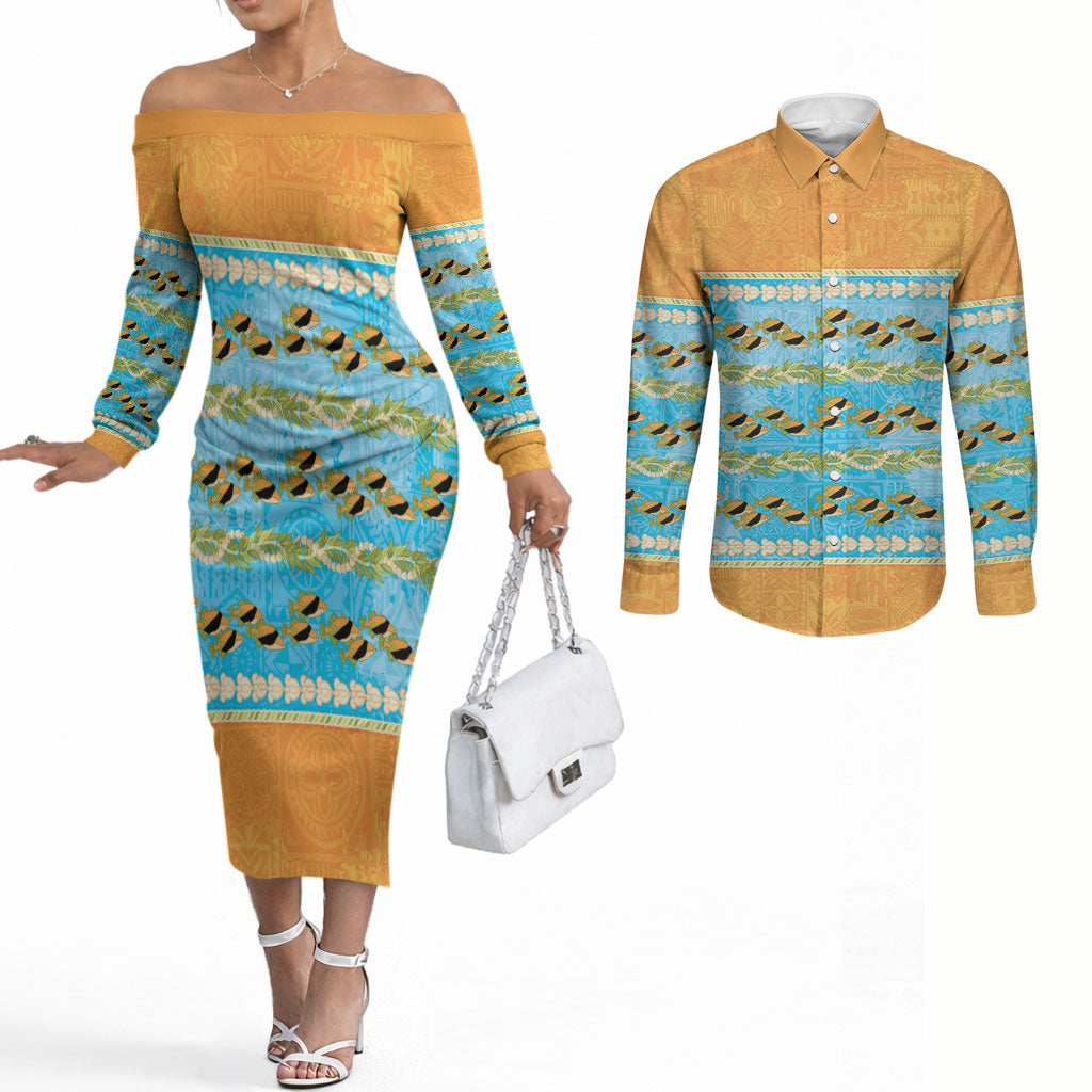 Hawaii Humuhumu Fish Maile Pikake Lei Couples Matching Off The Shoulder Long Sleeve Dress and Long Sleeve Button Shirt Tribal Tapa Orange Version LT05 Orange - Polynesian Pride