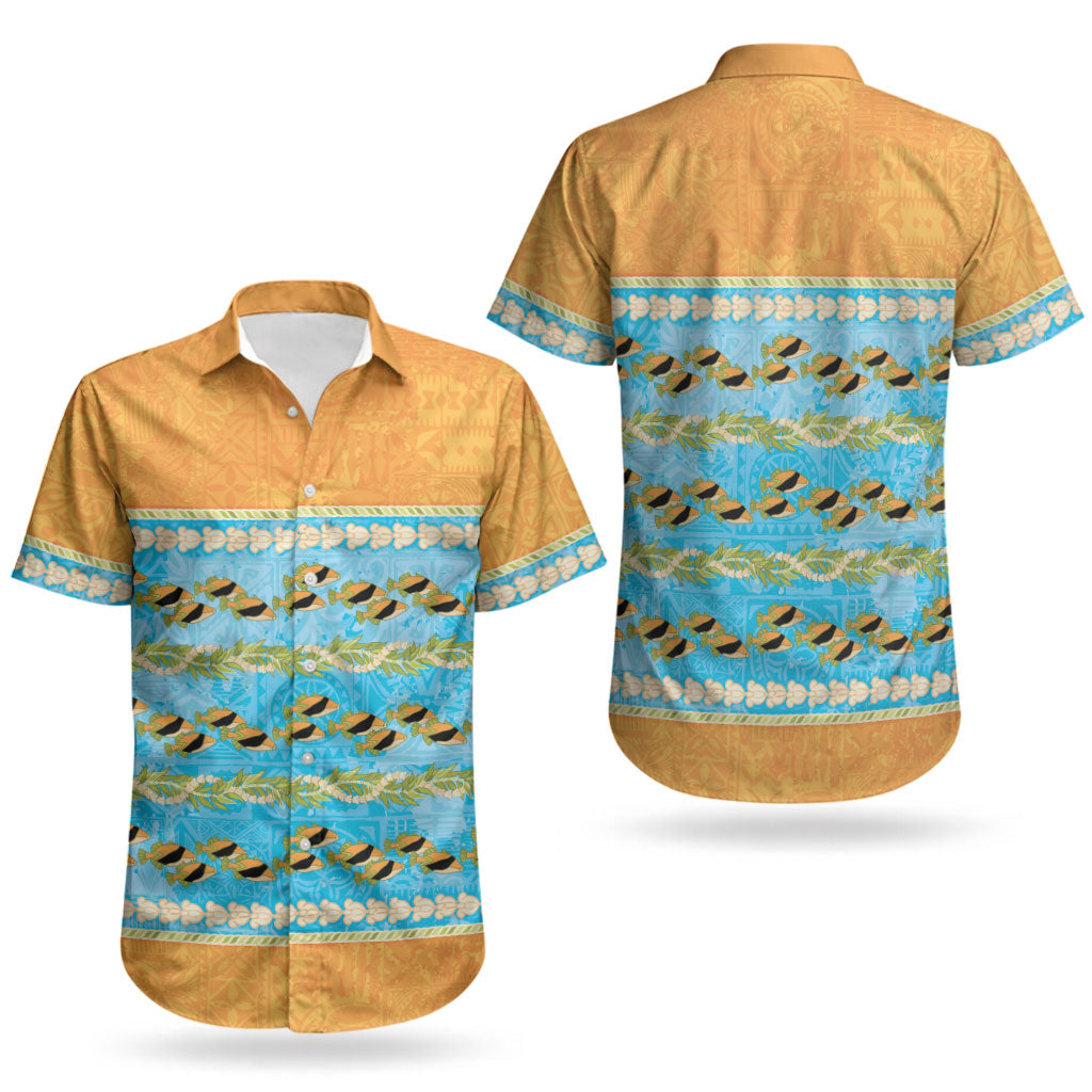 Hawaii Humuhumu Fish Maile Pikake Lei Couples Matching Puletasi and Hawaiian Shirt Tribal Tapa Orange Version LT05 - Polynesian Pride