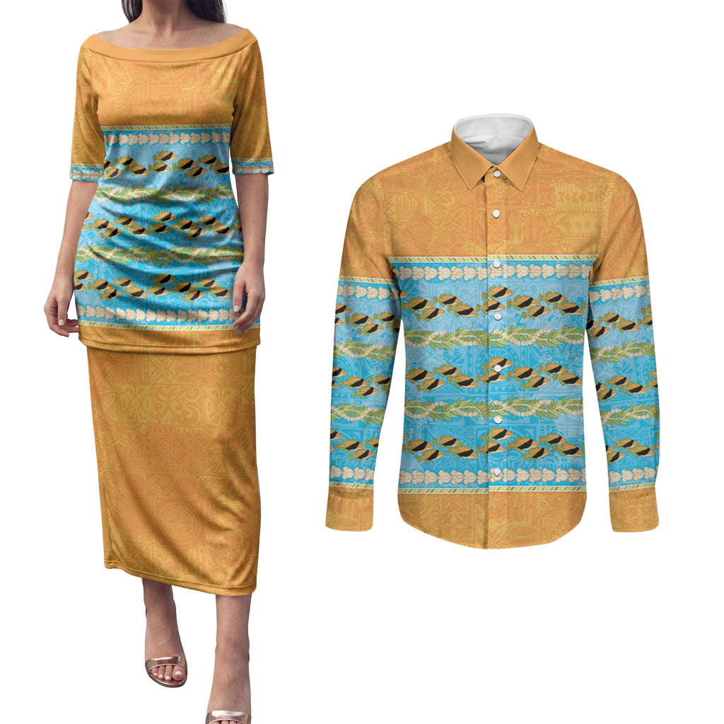 Hawaii Humuhumu Fish Maile Pikake Lei Couples Matching Puletasi and Long Sleeve Button Shirt Tribal Tapa Orange Version LT05 Orange - Polynesian Pride
