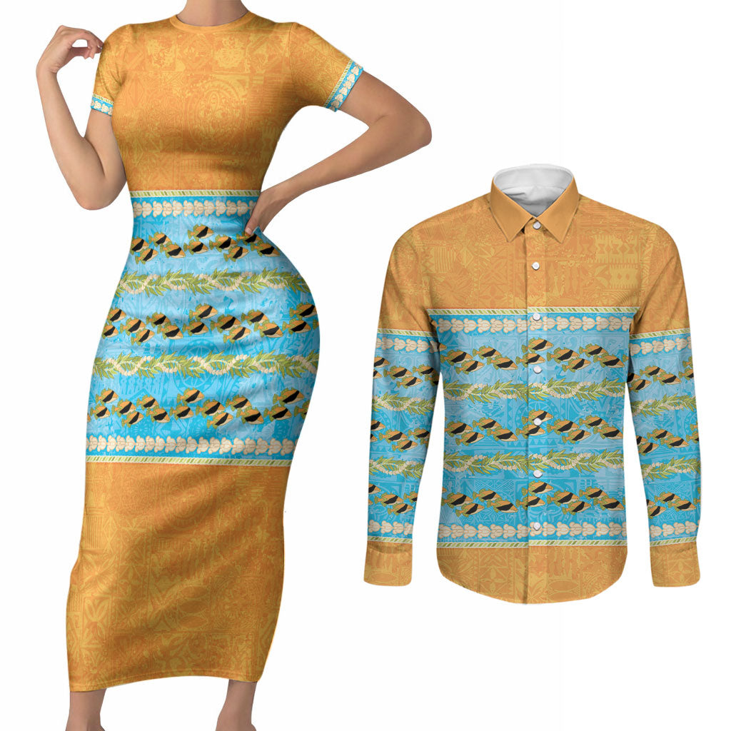 Hawaii Humuhumu Fish Maile Pikake Lei Couples Matching Short Sleeve Bodycon Dress and Long Sleeve Button Shirt Tribal Tapa Orange Version LT05 Orange - Polynesian Pride