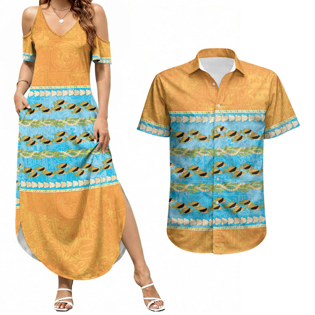 Hawaii Humuhumu Fish Maile Pikake Lei Couples Matching Summer Maxi Dress and Hawaiian Shirt Tribal Tapa Orange Version LT05 Orange - Polynesian Pride
