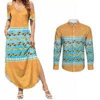 Hawaii Humuhumu Fish Maile Pikake Lei Couples Matching Summer Maxi Dress and Long Sleeve Button Shirt Tribal Tapa Orange Version LT05 Orange - Polynesian Pride