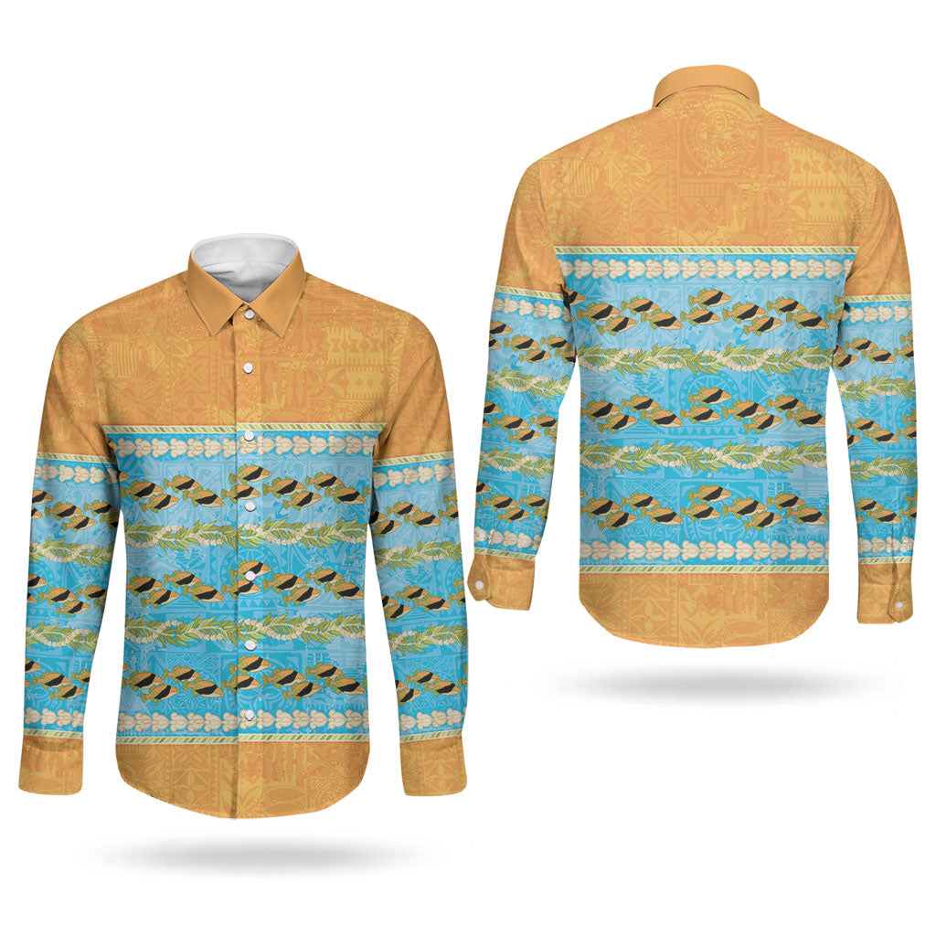 Hawaii Humuhumu Fish Maile Pikake Lei Couples Matching Summer Maxi Dress and Long Sleeve Button Shirt Tribal Tapa Orange Version LT05 - Polynesian Pride