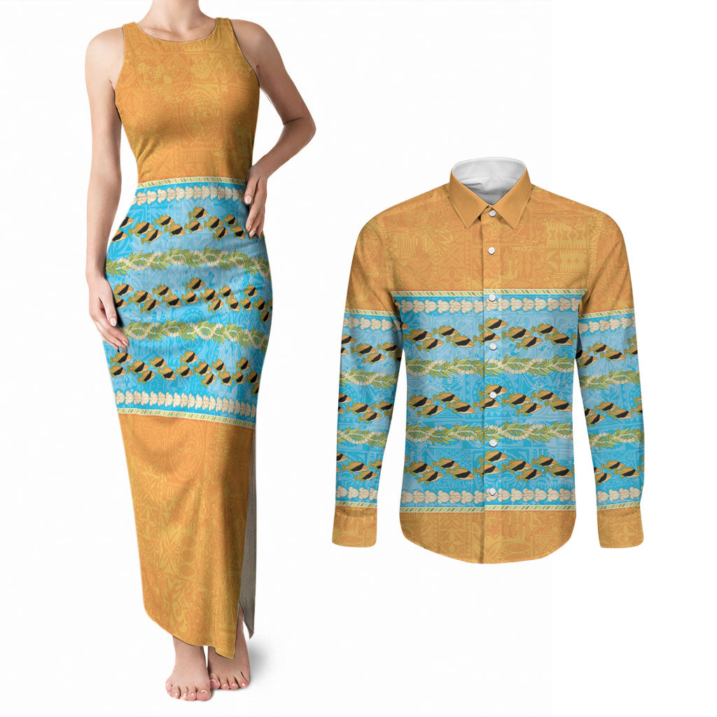 Hawaii Humuhumu Fish Maile Pikake Lei Couples Matching Tank Maxi Dress and Long Sleeve Button Shirt Tribal Tapa Orange Version LT05 Orange - Polynesian Pride
