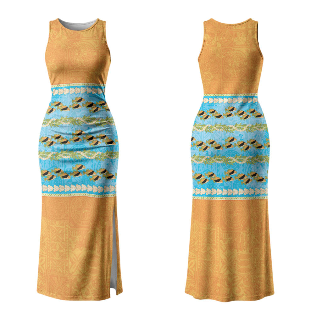 Hawaii Humuhumu Fish Maile Pikake Lei Couples Matching Tank Maxi Dress and Long Sleeve Button Shirt Tribal Tapa Orange Version LT05 - Polynesian Pride