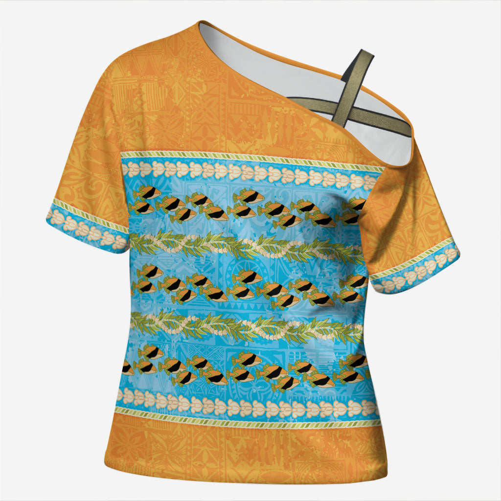 Hawaii Humuhumu Fish Maile Pikake Lei Cross Shoulder Shirt Tribal Tapa Orange Version LT05 Female Orange - Polynesian Pride