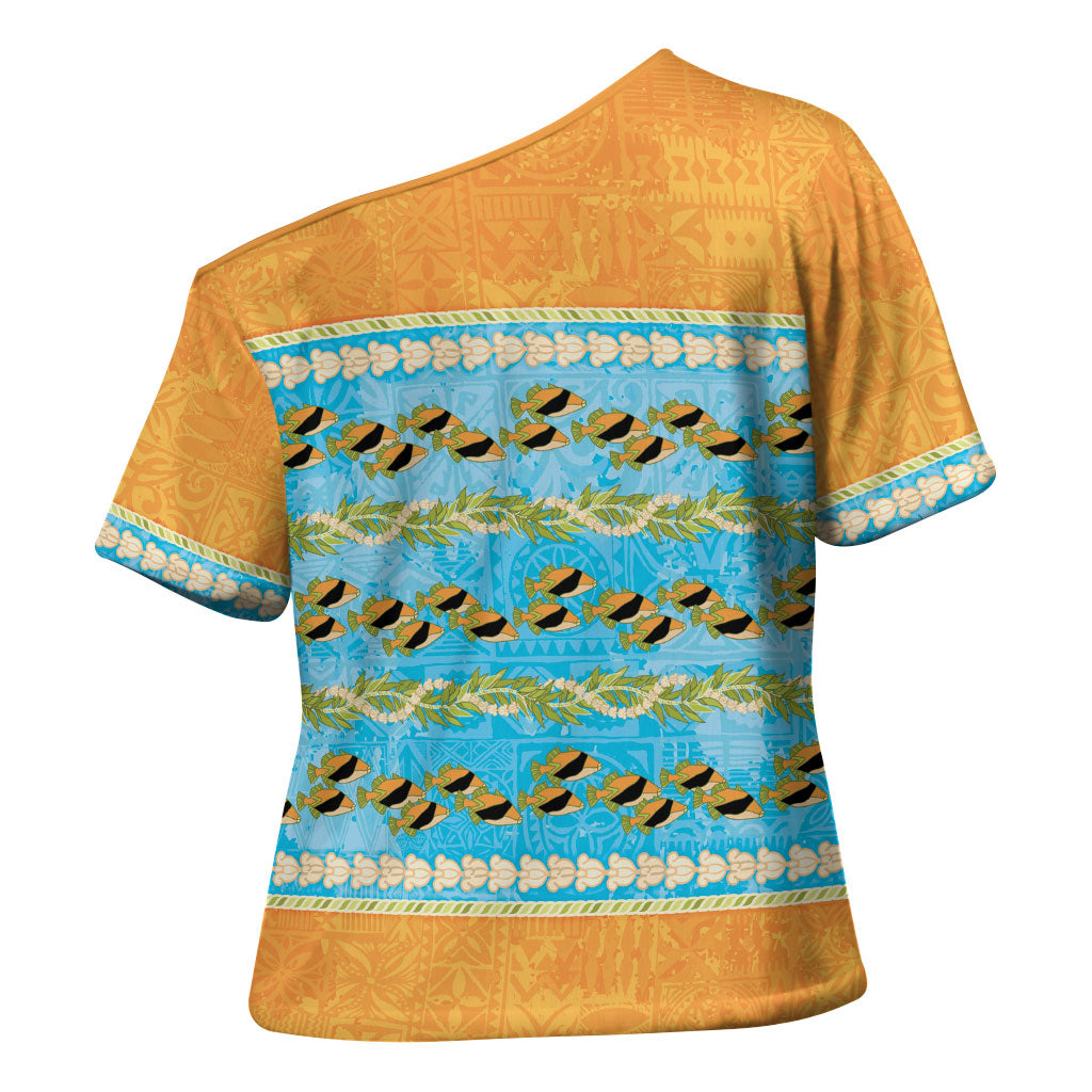 Hawaii Humuhumu Fish Maile Pikake Lei Cross Shoulder Shirt Tribal Tapa Orange Version LT05 - Polynesian Pride