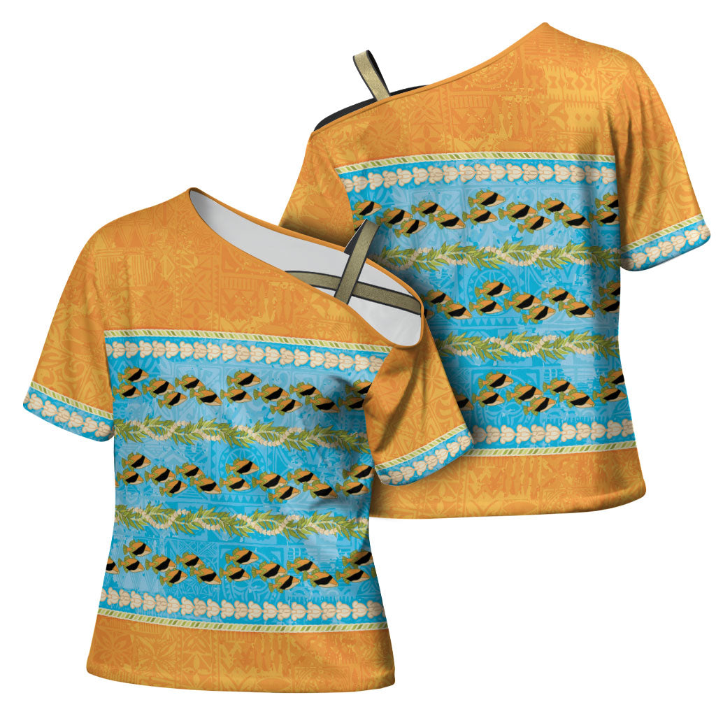 Hawaii Humuhumu Fish Maile Pikake Lei Cross Shoulder Shirt Tribal Tapa Orange Version LT05 - Polynesian Pride