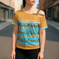 Hawaii Humuhumu Fish Maile Pikake Lei Cross Shoulder Shirt Tribal Tapa Orange Version LT05 - Polynesian Pride