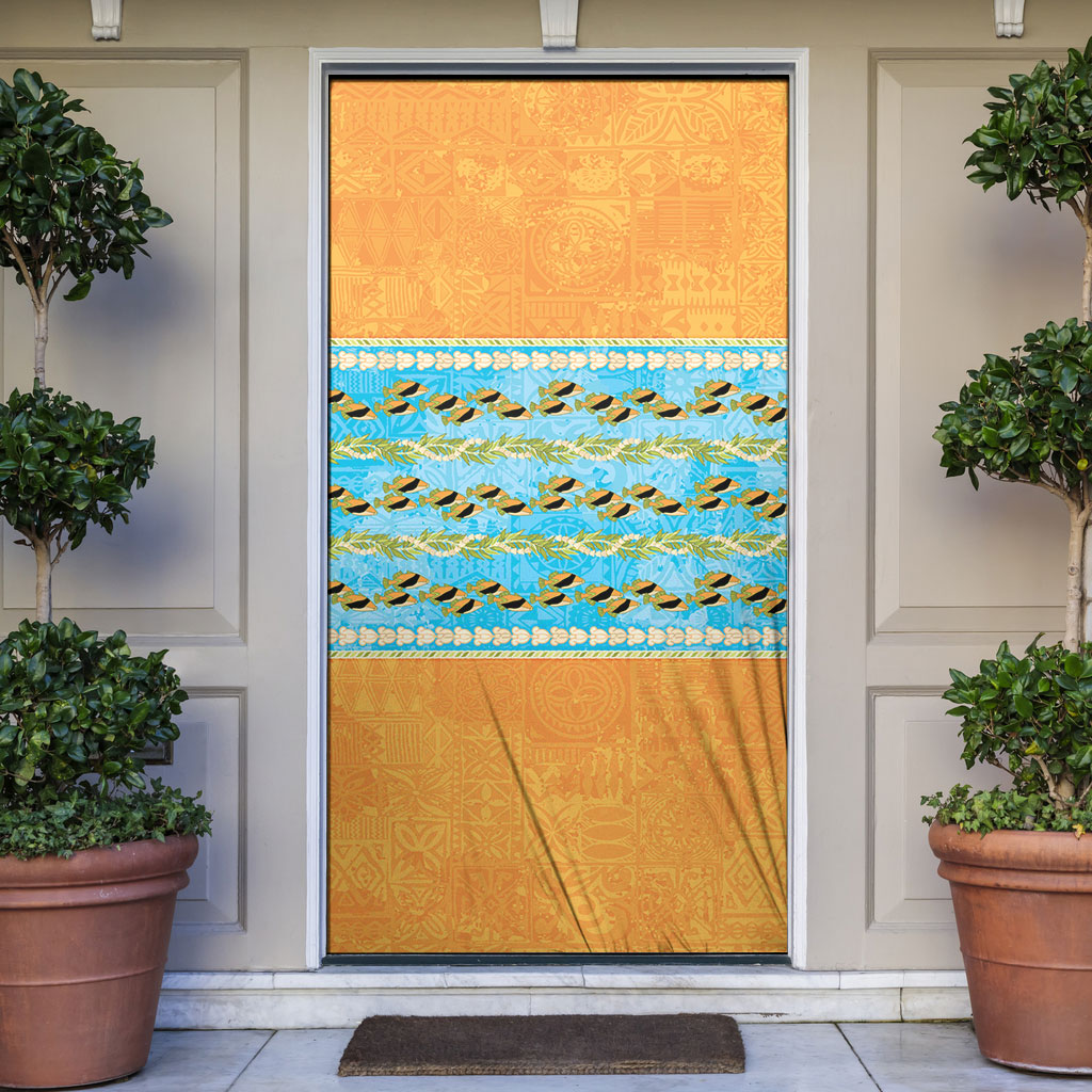 Hawaii Humuhumu Fish Maile Pikake Lei Door Cover Tribal Tapa Orange Version LT05 Orange - Polynesian Pride