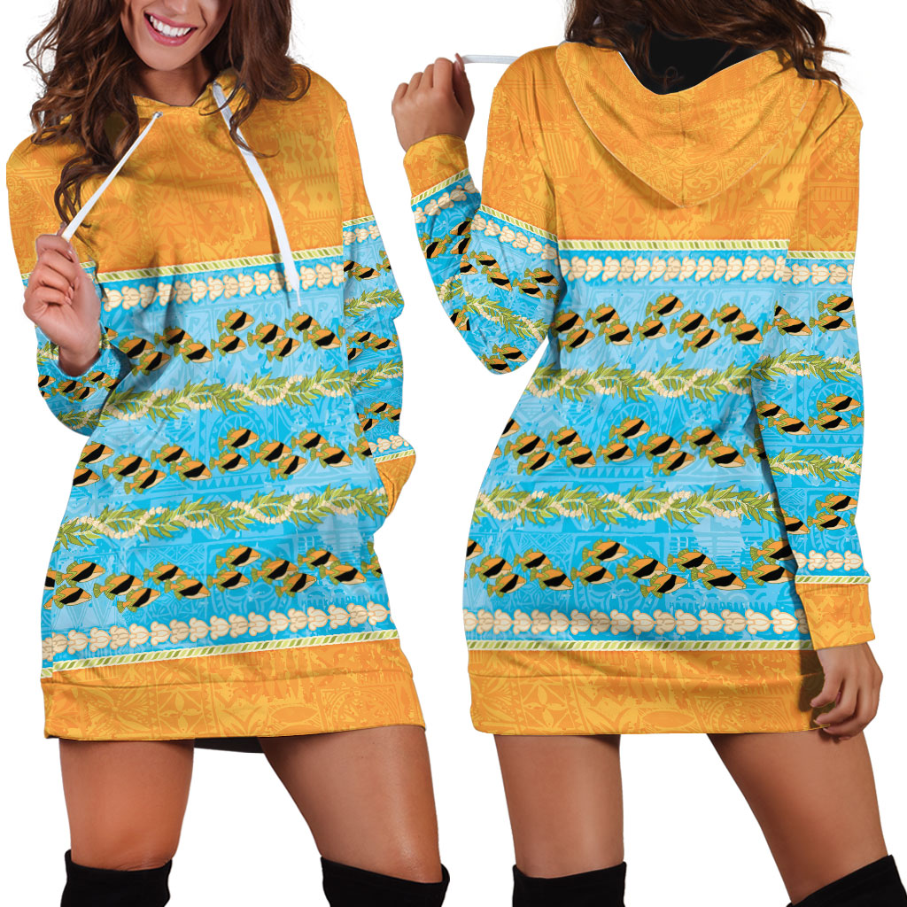 Hawaii Humuhumu Fish Maile Pikake Lei Hoodie Dress Tribal Tapa Orange Version LT05 - Polynesian Pride