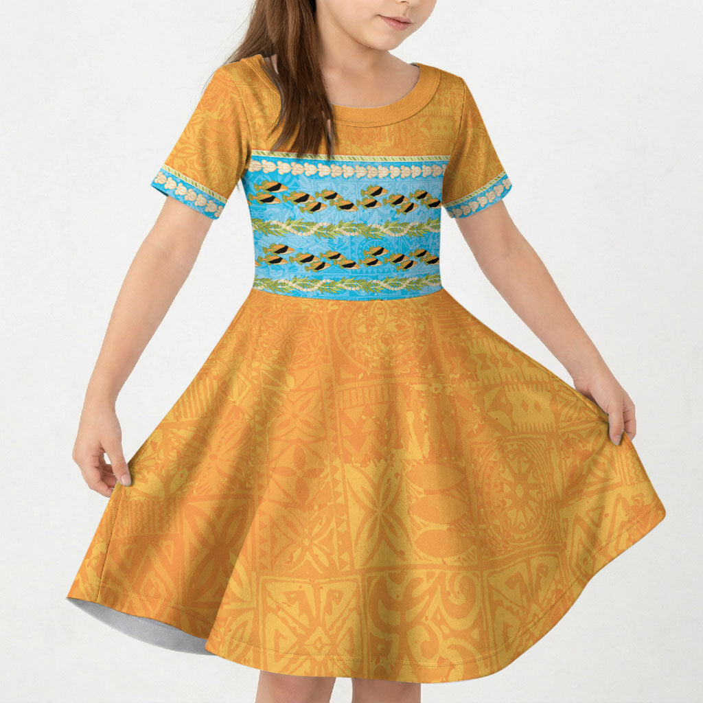 Hawaii Humuhumu Fish Maile Pikake Lei Kid Short Sleeve Dress Tribal Tapa Orange Version LT05 KID Orange - Polynesian Pride