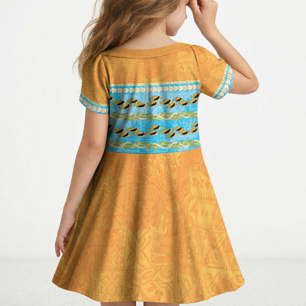 Hawaii Humuhumu Fish Maile Pikake Lei Kid Short Sleeve Dress Tribal Tapa Orange Version LT05 - Polynesian Pride