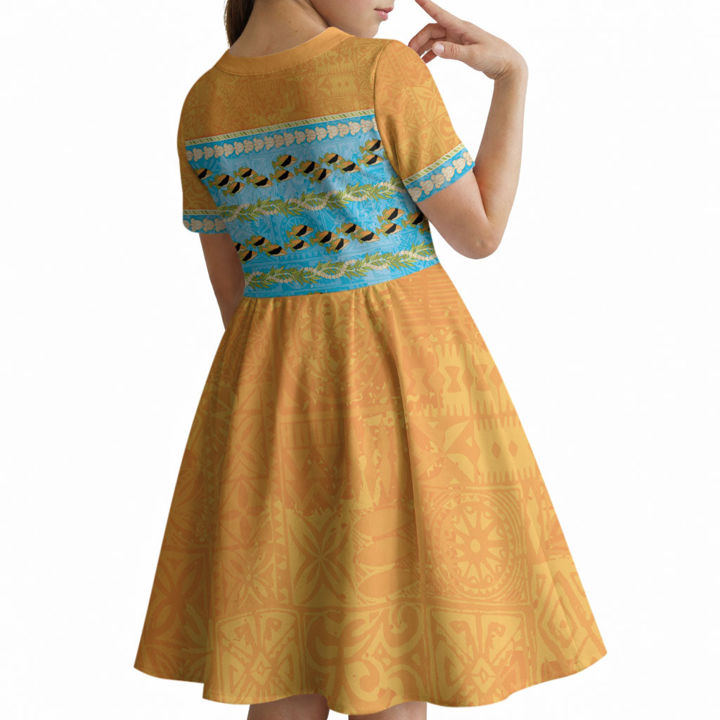 Hawaii Humuhumu Fish Maile Pikake Lei Kid Short Sleeve Dress Tribal Tapa Orange Version LT05 - Polynesian Pride