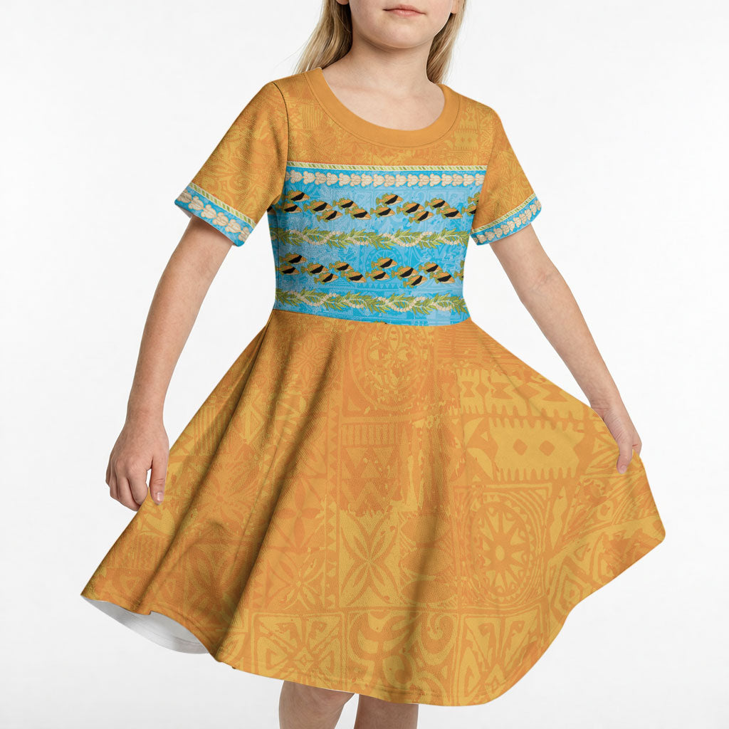 Hawaii Humuhumu Fish Maile Pikake Lei Kid Short Sleeve Dress Tribal Tapa Orange Version LT05 - Polynesian Pride