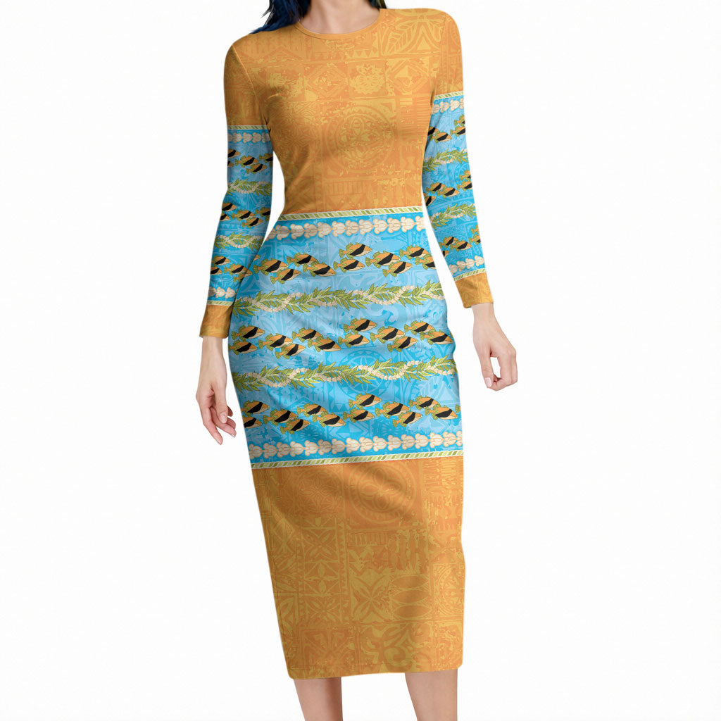 Hawaii Humuhumu Fish Maile Pikake Lei Long Sleeve Bodycon Dress Tribal Tapa Orange Version LT05 Long Dress Orange - Polynesian Pride