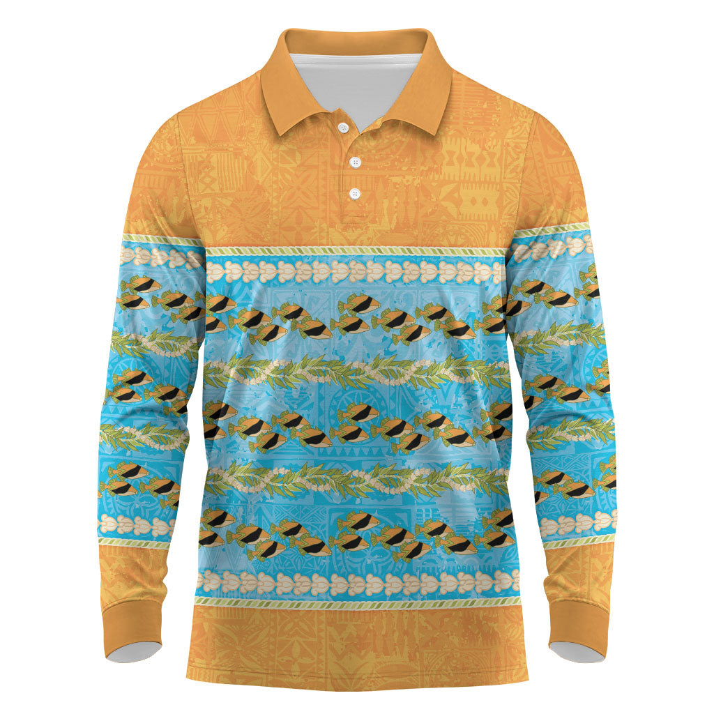Hawaii Humuhumu Fish Maile Pikake Lei Long Sleeve Polo Shirt Tribal Tapa Orange Version LT05 Orange - Polynesian Pride