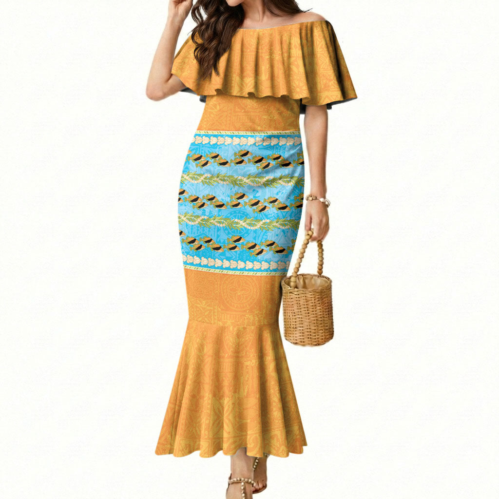 Hawaii Humuhumu Fish Maile Pikake Lei Mermaid Dress Tribal Tapa Orange Version LT05 Women Orange - Polynesian Pride