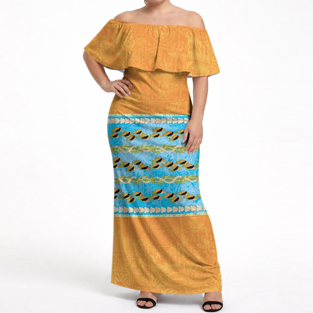 Hawaii Humuhumu Fish Maile Pikake Lei Off Shoulder Maxi Dress Tribal Tapa Orange Version LT05 Women Orange - Polynesian Pride