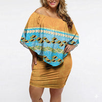 Hawaii Humuhumu Fish Maile Pikake Lei Off Shoulder Short Dress Tribal Tapa Orange Version LT05 Women Orange - Polynesian Pride