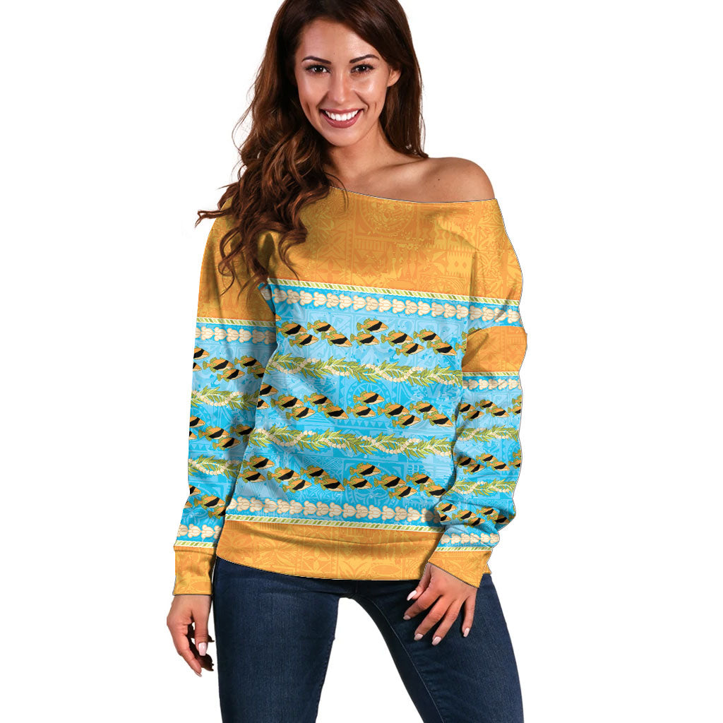 Hawaii Humuhumu Fish Maile Pikake Lei Off Shoulder Sweater Tribal Tapa Orange Version LT05 Women Orange - Polynesian Pride