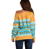 Hawaii Humuhumu Fish Maile Pikake Lei Off Shoulder Sweater Tribal Tapa Orange Version LT05 - Polynesian Pride