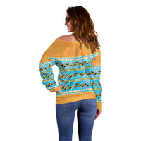 Hawaii Humuhumu Fish Maile Pikake Lei Off Shoulder Sweater Tribal Tapa Orange Version LT05 - Polynesian Pride