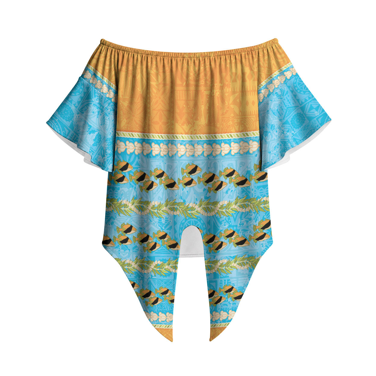 Hawaii Humuhumu Fish Maile Pikake Lei Off Shoulder Wrap Waist Top Tribal Tapa Orange Version LT05 Orange - Polynesian Pride