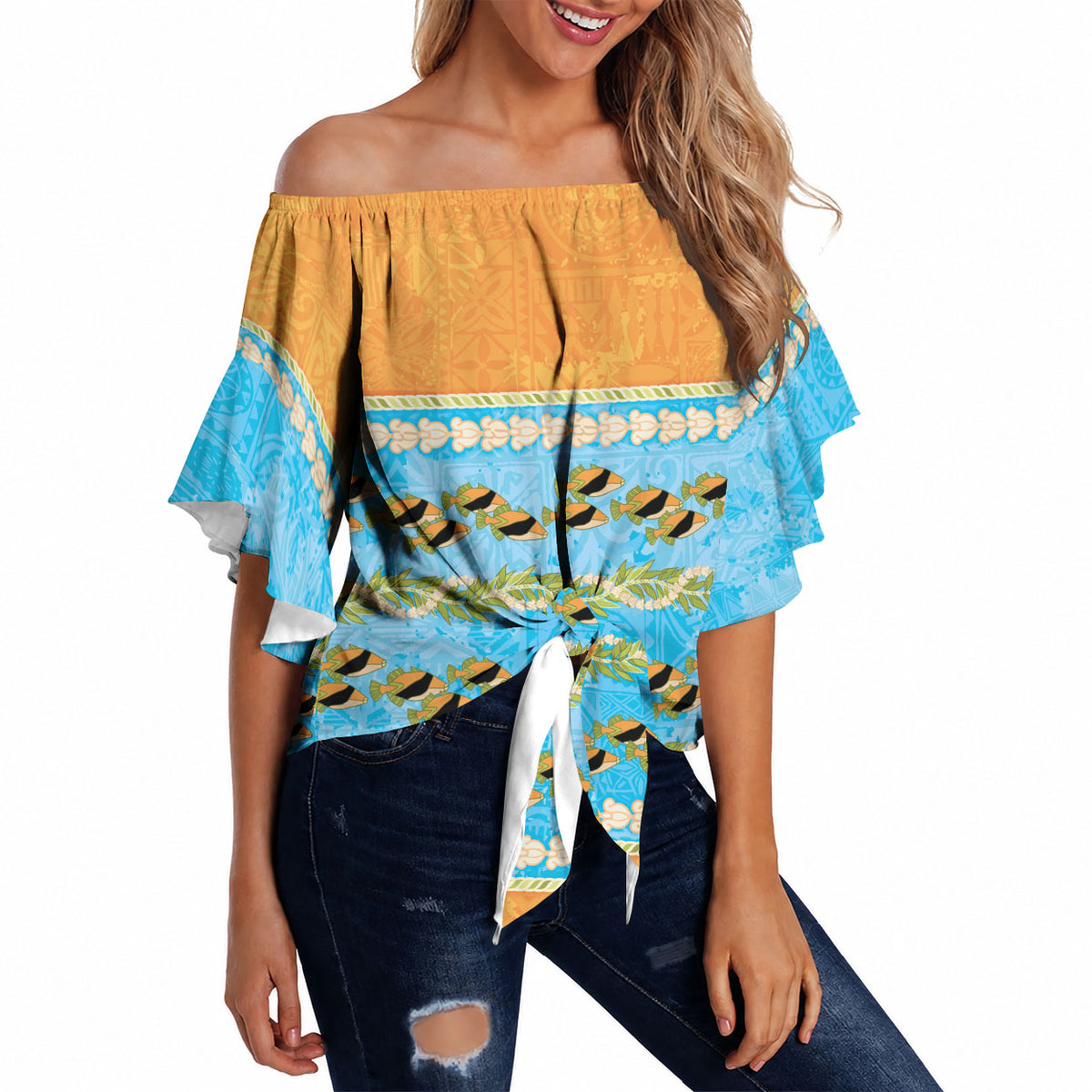 Hawaii Humuhumu Fish Maile Pikake Lei Off Shoulder Wrap Waist Top Tribal Tapa Orange Version LT05 - Polynesian Pride