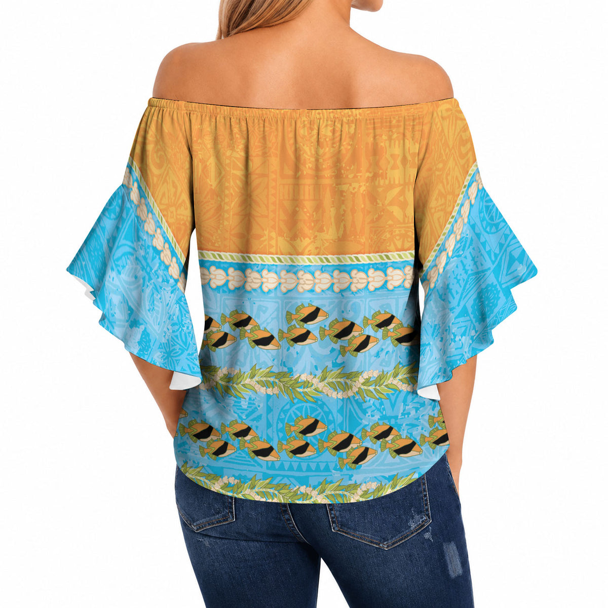 Hawaii Humuhumu Fish Maile Pikake Lei Off Shoulder Wrap Waist Top Tribal Tapa Orange Version LT05 - Polynesian Pride