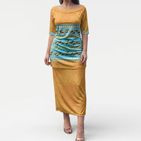 Hawaii Humuhumu Fish Maile Pikake Lei Puletasi Tribal Tapa Orange Version LT05 Long Dress Orange - Polynesian Pride