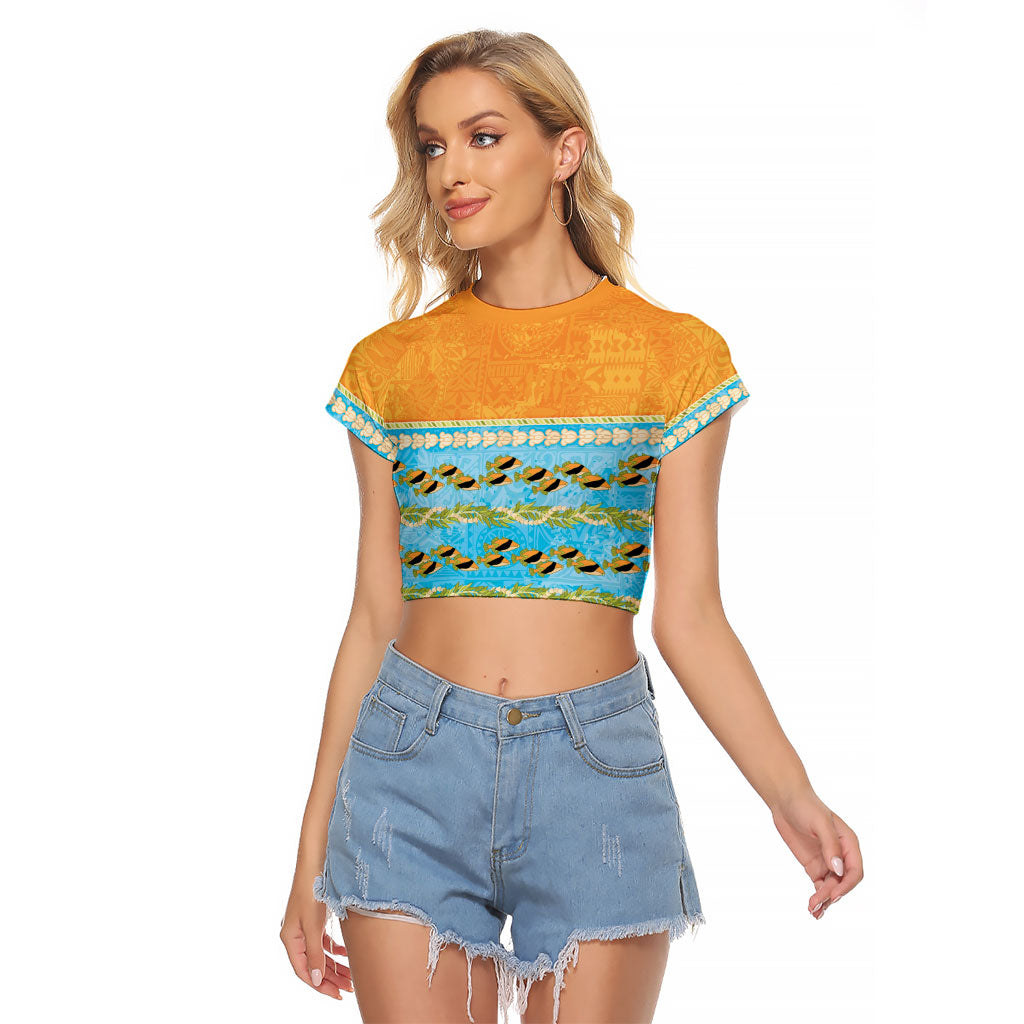 Hawaii Humuhumu Fish Maile Pikake Lei Raglan Cropped T Shirt Tribal Tapa Orange Version LT05 Female Orange - Polynesian Pride