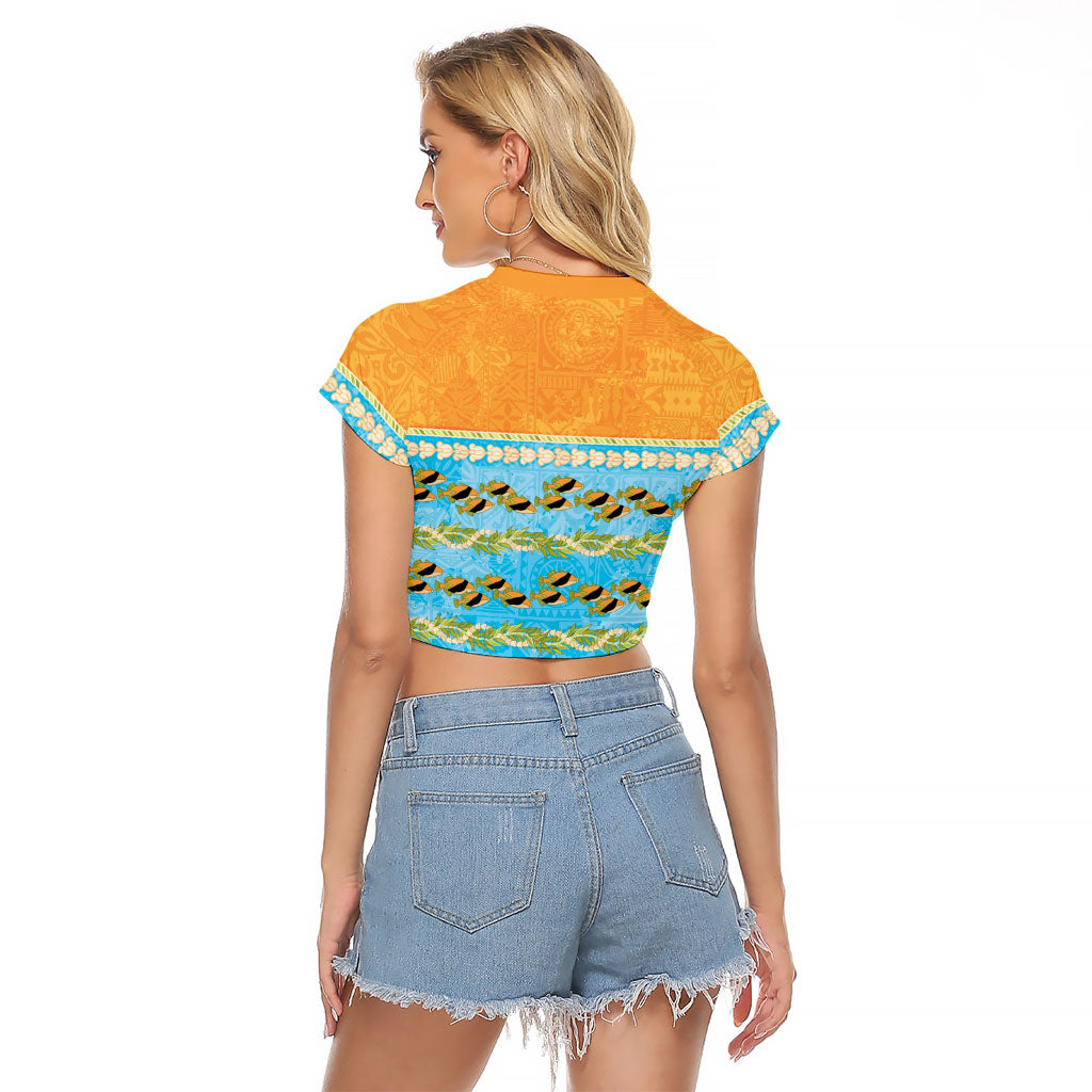 Hawaii Humuhumu Fish Maile Pikake Lei Raglan Cropped T Shirt Tribal Tapa Orange Version LT05 - Polynesian Pride