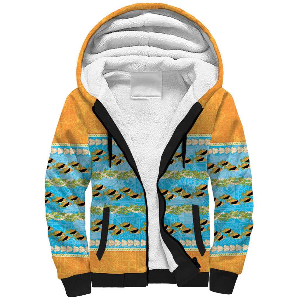 Hawaii Humuhumu Fish Maile Pikake Lei Sherpa Hoodie Tribal Tapa Orange Version LT05 Unisex Orange - Polynesian Pride