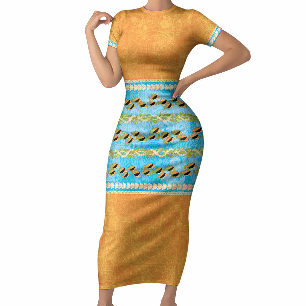 Hawaii Humuhumu Fish Maile Pikake Lei Short Sleeve Bodycon Dress Tribal Tapa Orange Version LT05 Long Dress Orange - Polynesian Pride