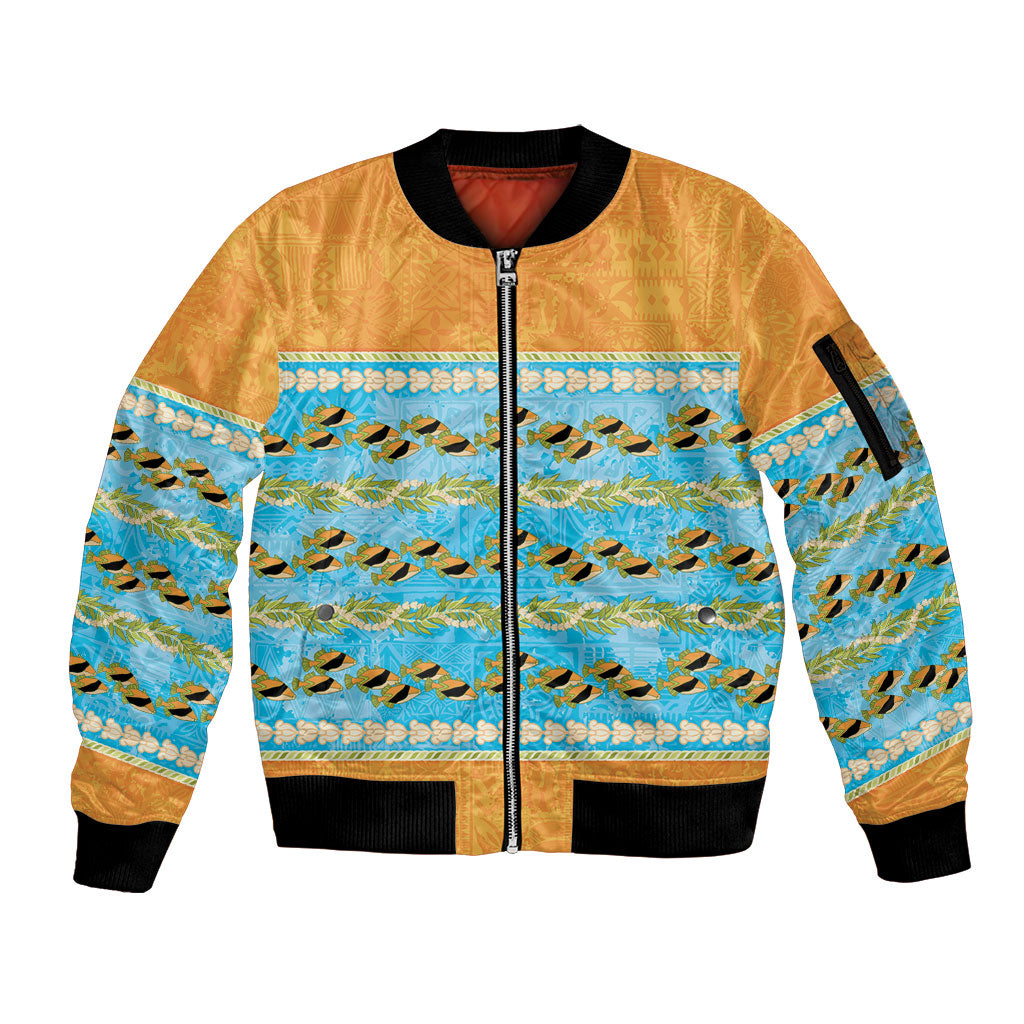Hawaii Humuhumu Fish Maile Pikake Lei Sleeve Zip Bomber Jacket Tribal Tapa Orange Version LT05 Unisex Orange - Polynesian Pride