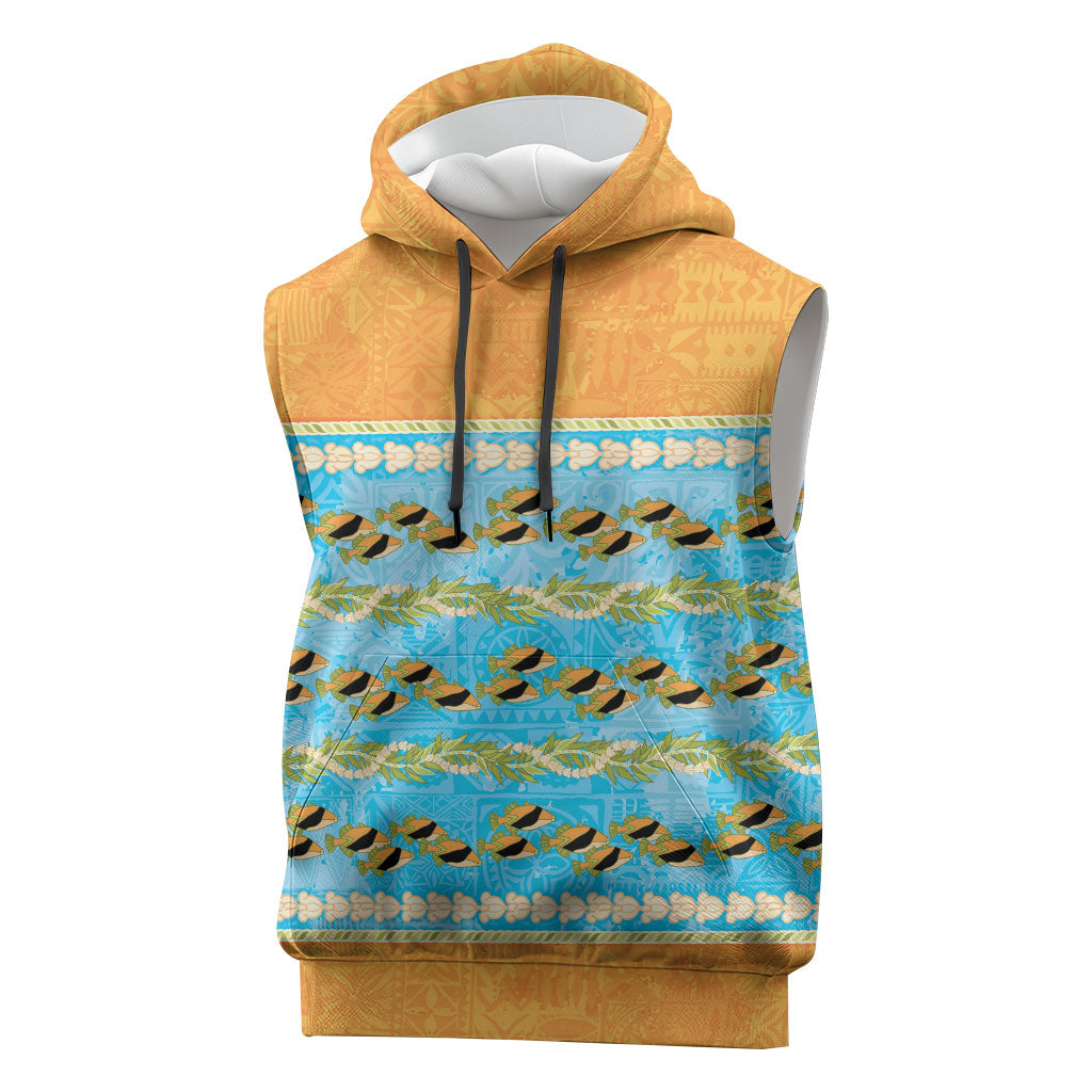 Hawaii Humuhumu Fish Maile Pikake Lei Sleeveless Hoodie Tribal Tapa Orange Version LT05 Orange - Polynesian Pride