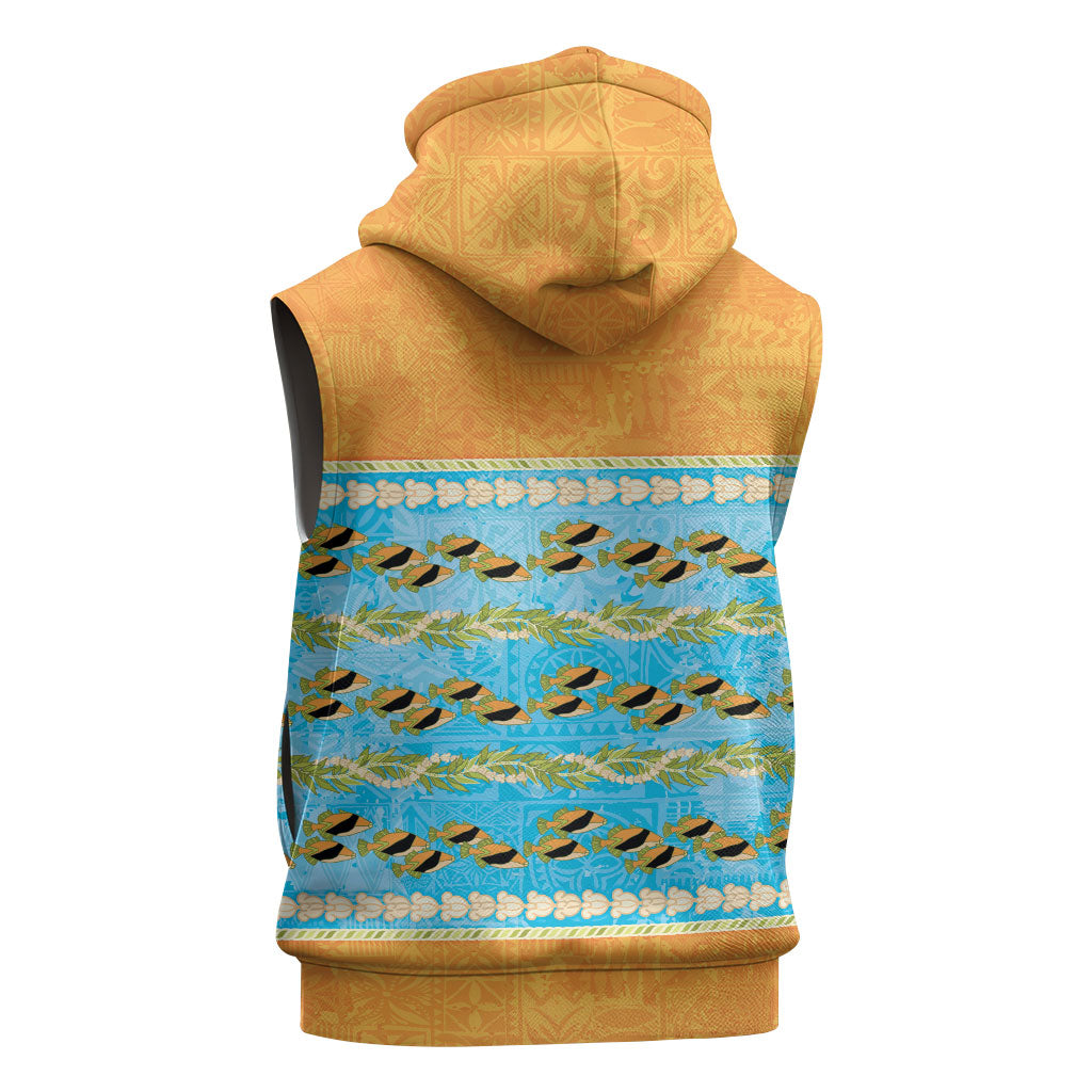 Hawaii Humuhumu Fish Maile Pikake Lei Sleeveless Hoodie Tribal Tapa Orange Version LT05 - Polynesian Pride