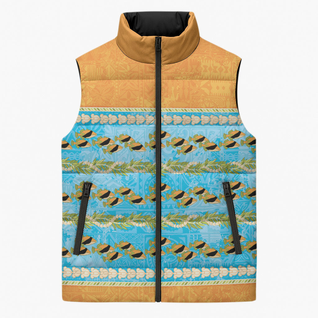 Hawaii Humuhumu Fish Maile Pikake Lei Sleeveless Puffer Jacket Tribal Tapa Orange Version LT05 Unisex Orange - Polynesian Pride