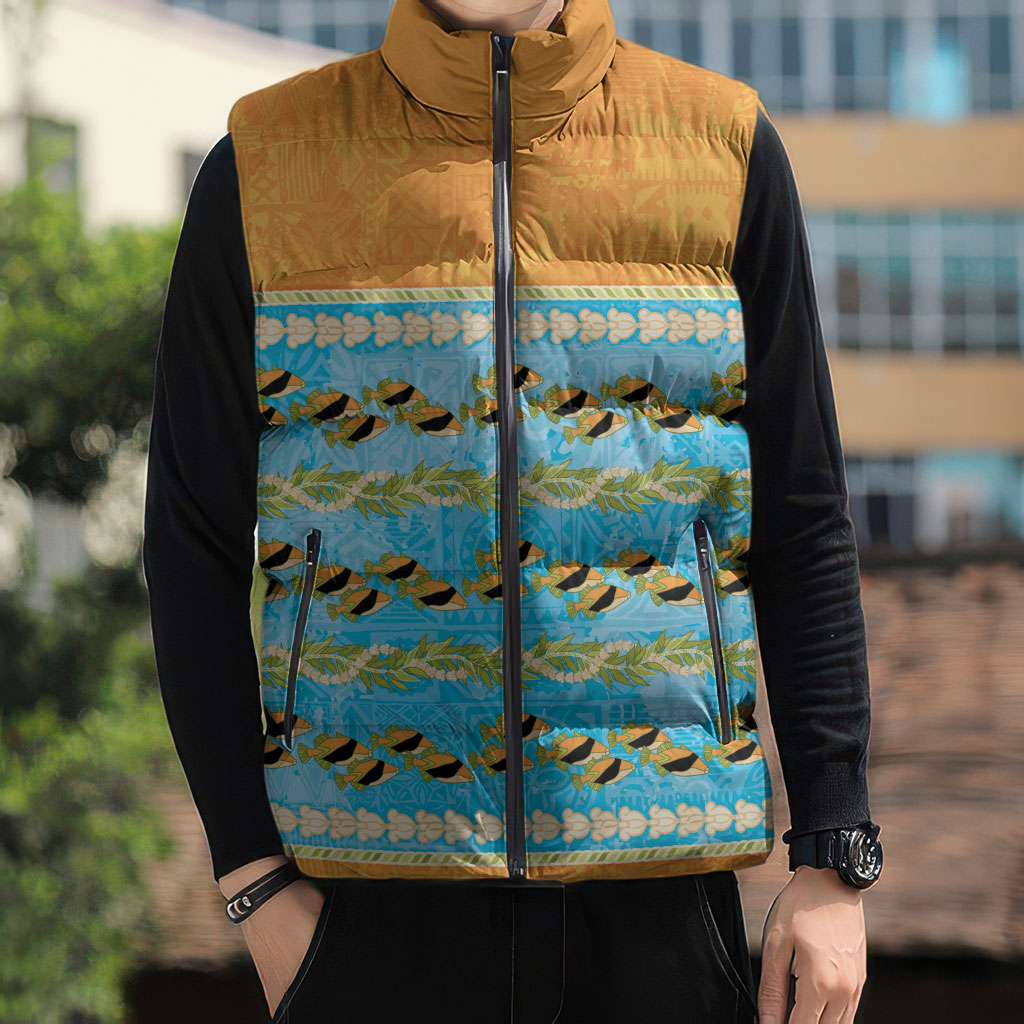 Hawaii Humuhumu Fish Maile Pikake Lei Sleeveless Puffer Jacket Tribal Tapa Orange Version LT05 - Polynesian Pride