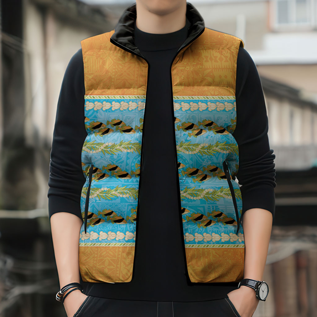 Hawaii Humuhumu Fish Maile Pikake Lei Sleeveless Puffer Jacket Tribal Tapa Orange Version LT05 - Polynesian Pride