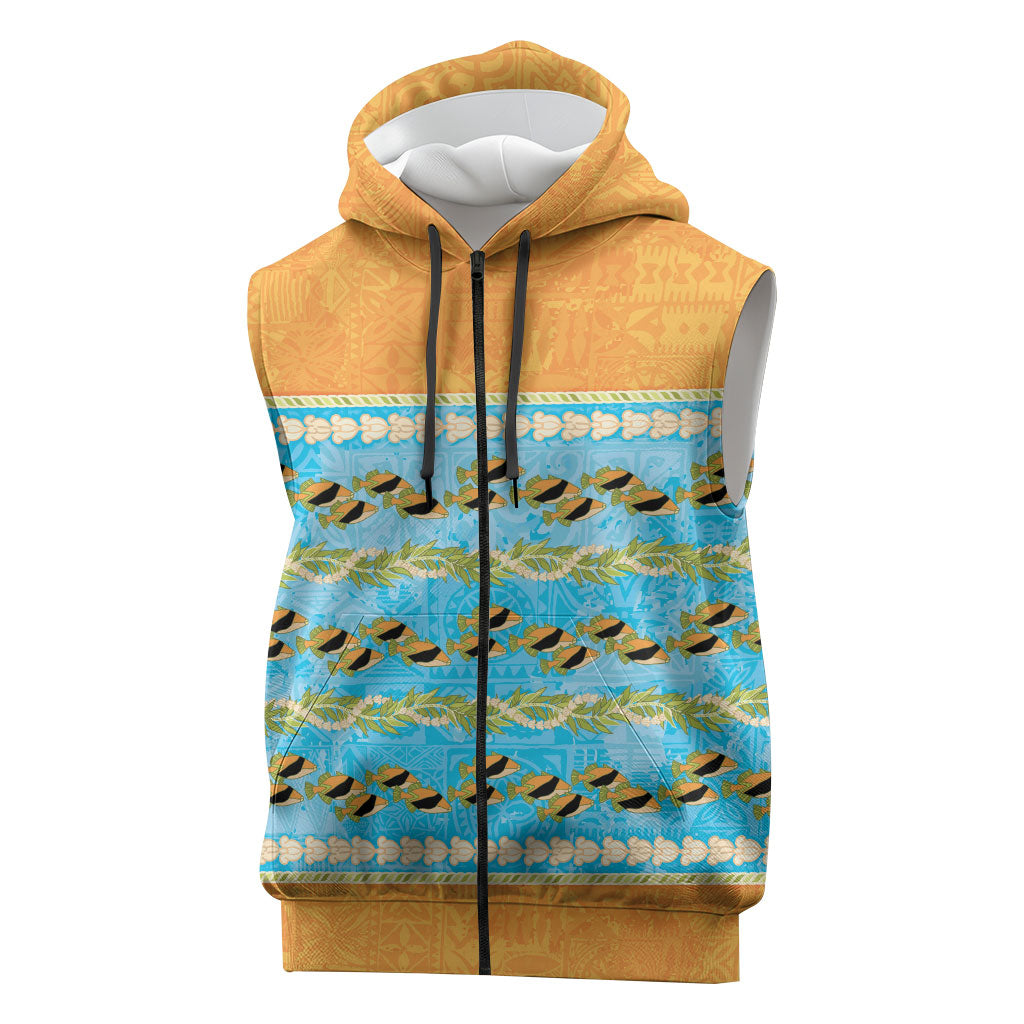 Hawaii Humuhumu Fish Maile Pikake Lei Sleeveless Zip Hoodie Tribal Tapa Orange Version LT05 Orange - Polynesian Pride