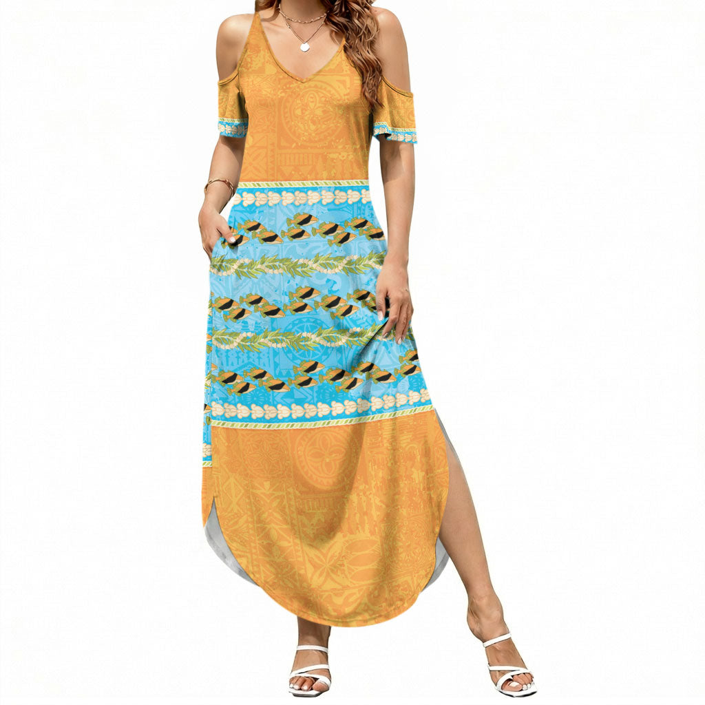 Hawaii Humuhumu Fish Maile Pikake Lei Summer Maxi Dress Tribal Tapa Orange Version LT05 Women Orange - Polynesian Pride