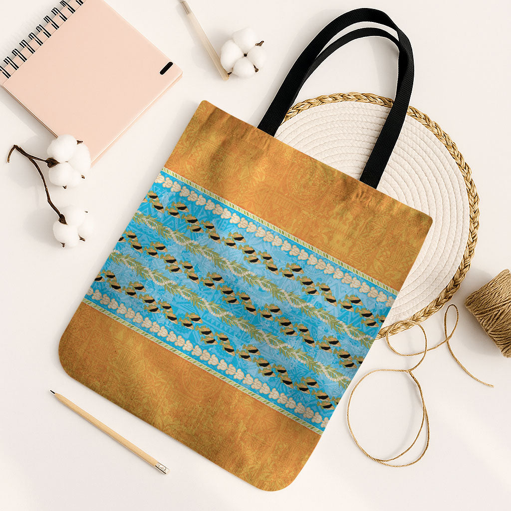 Hawaii Humuhumu Fish Maile Pikake Lei Tote Bag Tribal Tapa Orange Version LT05 Black Strap One Size Orange - Polynesian Pride