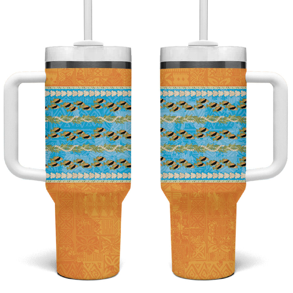 Hawaii Humuhumu Fish Maile Pikake Lei Tumbler With Handle Tribal Tapa Orange Version LT05 One Size: 40 oz Orange - Polynesian Pride