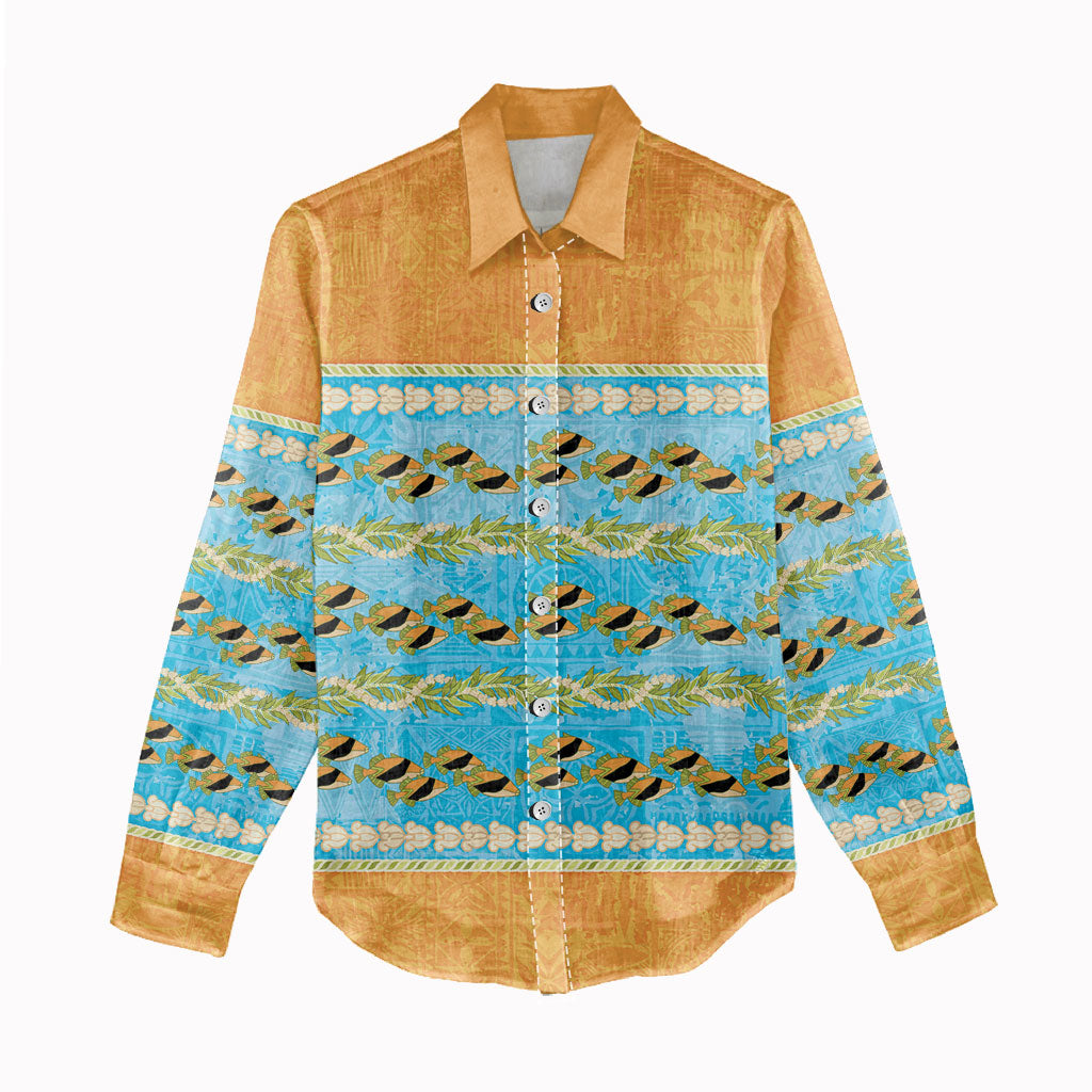 Hawaii Humuhumu Fish Maile Pikake Lei Women Casual Shirt Tribal Tapa Orange Version LT05 - Polynesian Pride