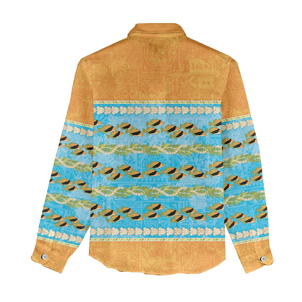 Hawaii Humuhumu Fish Maile Pikake Lei Women Casual Shirt Tribal Tapa Orange Version LT05 - Polynesian Pride