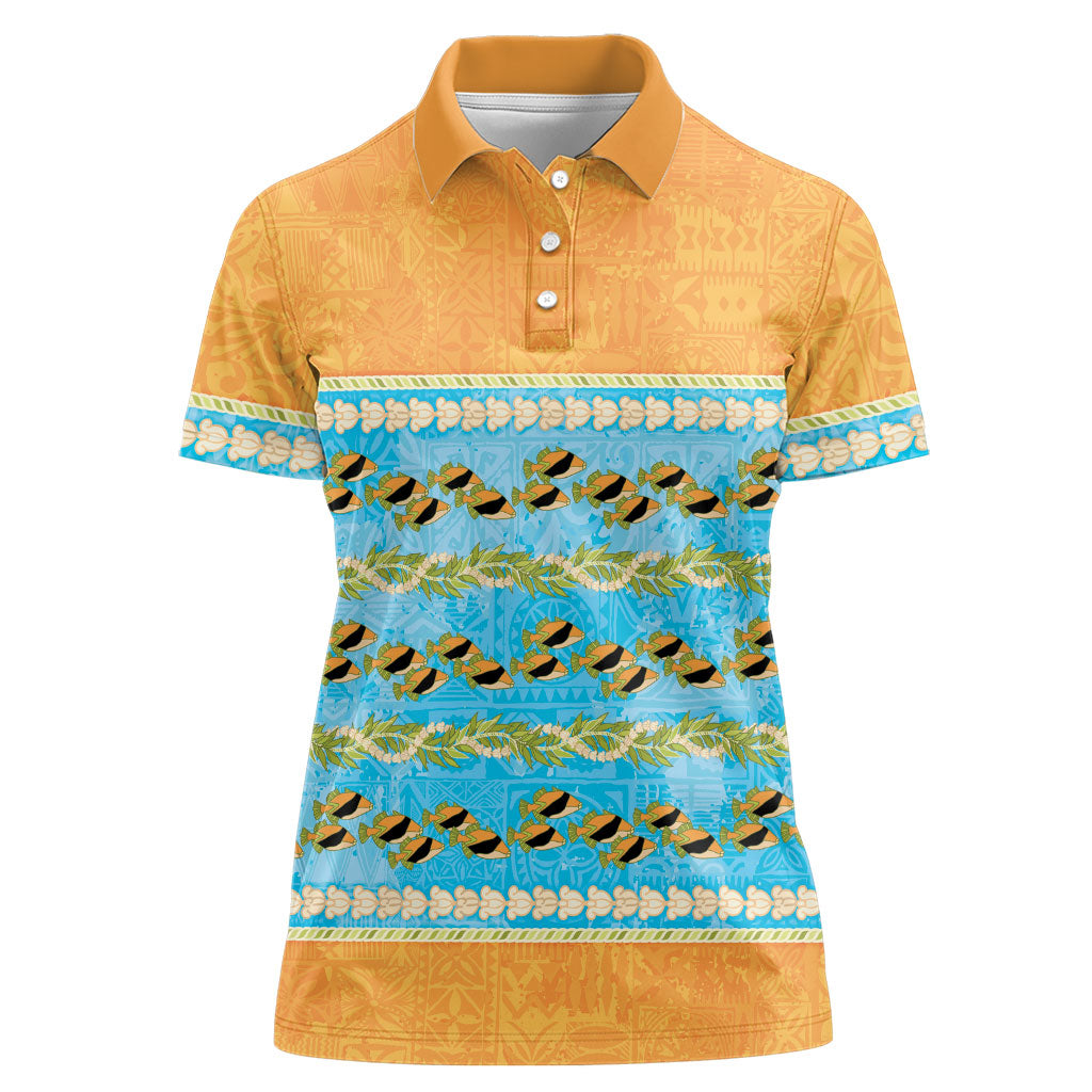Hawaii Humuhumu Fish Maile Pikake Lei Women Polo Shirt Tribal Tapa Orange Version LT05 Female Orange - Polynesian Pride